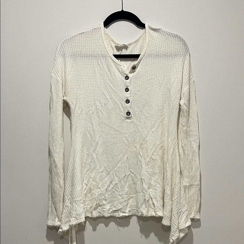 White Waffle Knit Sweater with Raw Hem